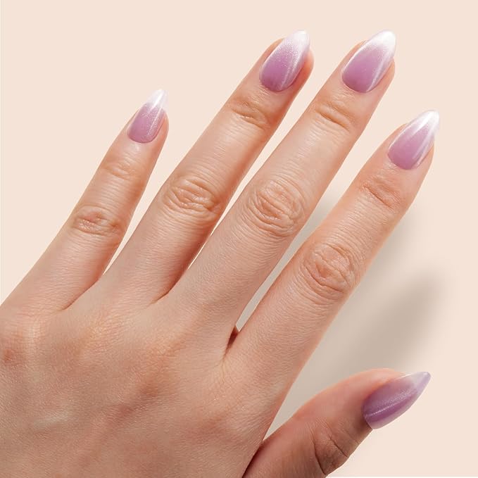 VSALON Press On Nails Short Almond Purple Cat Eye Fake Nails with Extra UV Glue Kit, 28-Days Salon-Strong No Pop-Off, Reusable Semi-transparent Fake Nails - 32 PCS in 16 Sizes (Misty Purple)