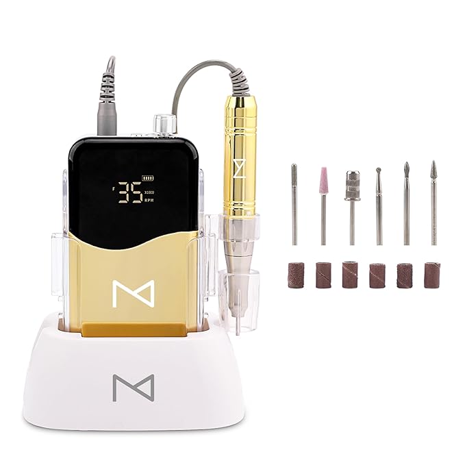 M Mase- Professional Nail Drill Machine - 2-in-1 Nail File - Cordless, 35000 RPM, HD Display - Gift for Her - Electric Nail Drill for Professional & Home Use (Gold)