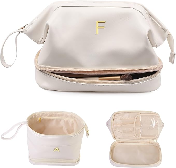 Wedding Gifts, Initial Makeup Bag, Daughter Gifts, Personalized Double Layer Cosmetic Bag with Makeup Brush Organizer, Large Capacity PU Leather Travel Toiletry Bag Cute Things for Girls