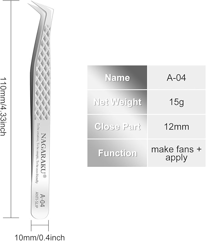 NAGARAKU Eyelash Extension Tweezers Diamond Grip with Pattern on tip Precision Durable Curved Professional for Classic Lash Fanning Volume (A-04)