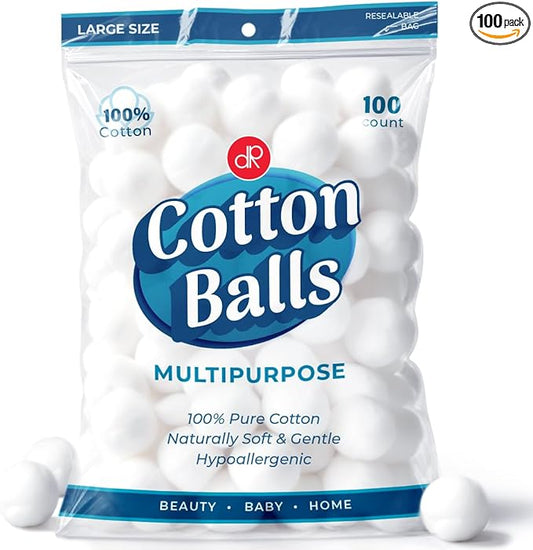DecorRack 100 Count [Large Size] Cotton Balls, 100% Pure Cotton for Nail Polish and Make-Up Removal, Applying Oil Lotion or Powder, Perfect for Multi-Purpose Use, Soft and Absorbent (100 Count)