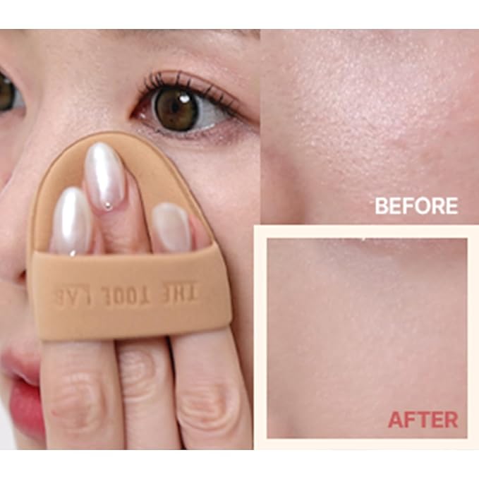 THE TOOL LAB All Day Fitting Duo (Glow type) - Premium Base Makeup Set for Liquid Cream Powder Foundation, Buffing Blending Face Brush, Sponge, Portable Case - 1.1" Flat Top Brush