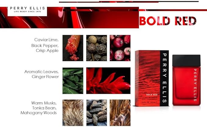 Perry Ellis Bold Red Gift Set: 3.4 fl oz eau de toilette,3 oz aftershave,3 oz shower gel,.25 fl oz travel mini - lime, parsley, mandarin, nutmeg, cinnamon, lavender, sandalwood, patchouli, cedarwood