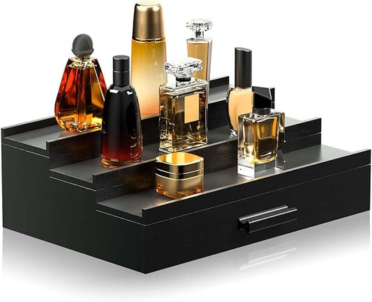 Sephyroth Cologne Organizer for Men 3 Tier of Elevated Cologne Display Shelf with Drawer Storage Perfume Organization and Storage Display Risers,Great Gift for Man(Black)