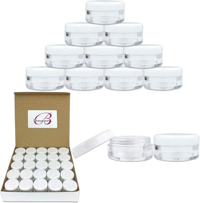 Beauticom 50 Piece 5g/5ml Round Acrylic Clear Jars with Lids for Cosmetics, Lotion, Creams, Make Up, Beads, Charms, Rhinestones, Accessories and Much More! (White Lid)