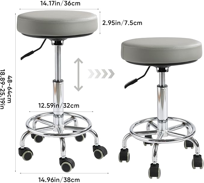 Adjustable Rolling Stool with Wheels - Ergonomic Salon & Tattoo Artist Chair, Office Stool with Comfortable PU Leather Seat, Grey