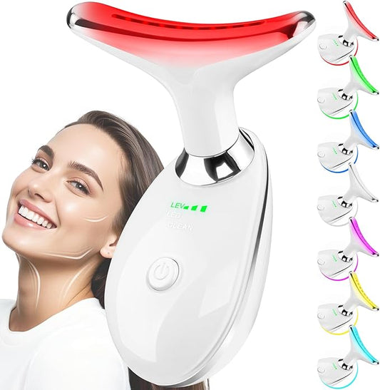 Face and Neck Massager Tool, 7 Colors LED Light Therapy Wand for Wrinkles, Double Chin, Portable Facial Massager with Vibrating and Thermals for Skin Care, Glossy White