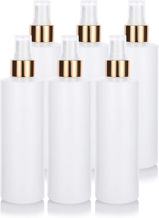 JUVITUS 8 oz Clear Natural Refillable Plastic Squeeze Bottle with Gold Metal Fine Mist Sprayer - (6 Pack)