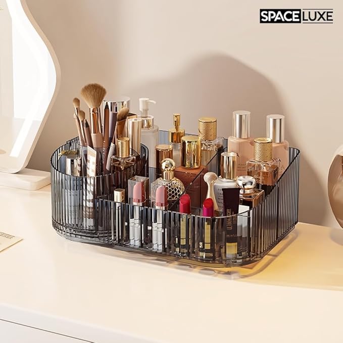 Makeup Organizer with Drawers and 360° Rotating Brush Holder, Large Capacity Cosmetic Storage for Vanity, Skincare, Perfume, Hair Accessories, Lipstick & Jewelry (Transparent Gray, 3-layer)