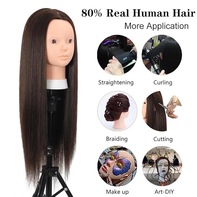 26 Inch Mannequin Head 80% Real Human Hair Styling Hair Mannequin Head Human Hair to Practice Hair and Makeup Hairdresser Head With Free Clamp (#4 No Makeup)