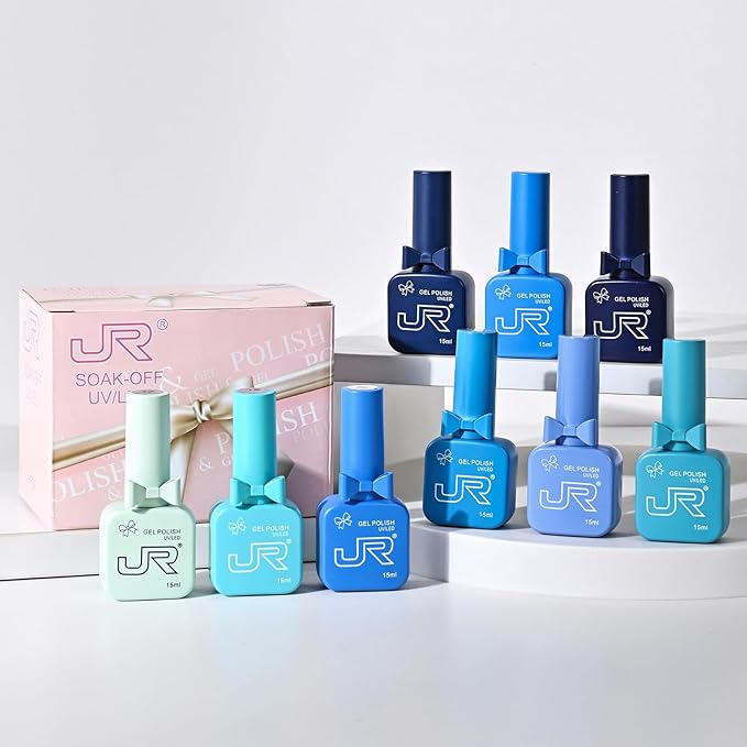 JR 9 PCS 0.5oz Nail Gel Polish Set Same Color Same bottle Ocean Blue Gel Nail Kit UV LED Soak Off Polish Home DIY Gift I Blue Series