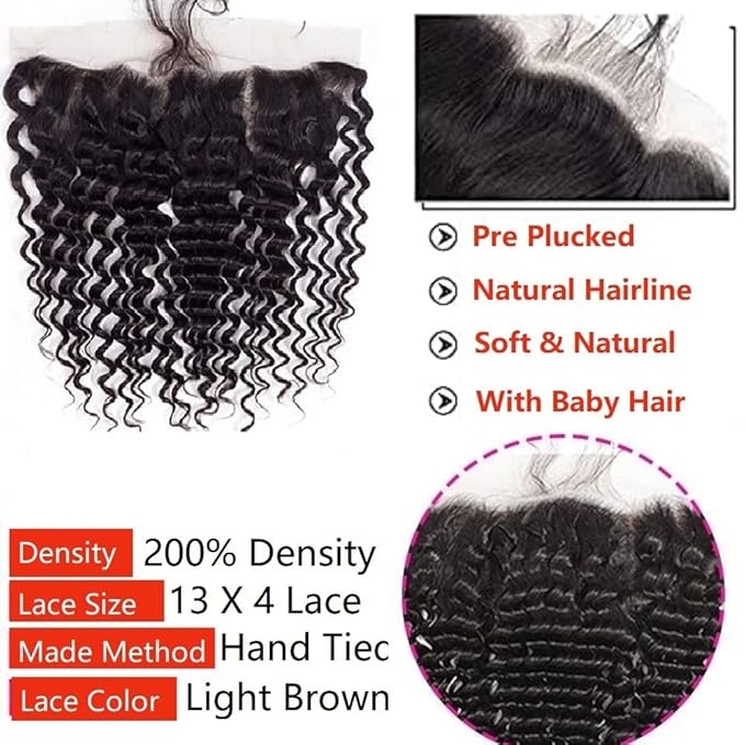 12A Grade Deep Wave Lace Frontal 13x4 Ear to Ear Lace Frontal 16 Inch 100% Unprocessed Brazilian Virgin Human Hair Swiss Lace Frontal Closure 200% Density Pre Plucked With Baby Hair Natural Color