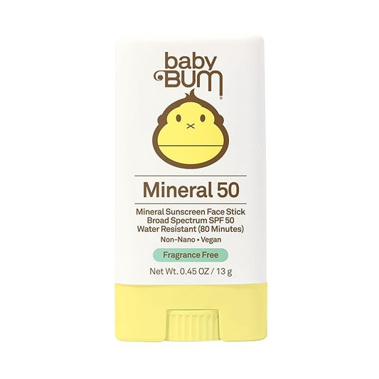 Sun Bum Baby Bum Mineral SPF 50 Sunscreen Stick - Hawaii 104 Act Compliant (Without Octinoxate & Oxybenzone) - UVA/UVB Face and Body Protection - Unscented for Sensitive Skin - Travel Size 0.45 Oz