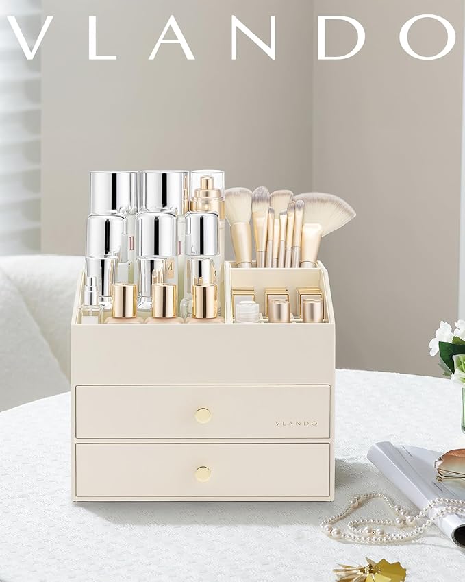 Vlando Makeup Organizer for Vanity,Large Capacity Countertop Organizer with Drawers, PU Leather Cosmetic Display Case for Lipstick,Brushes,Skincare,Bathroom and Bedroom Storage (Beige)