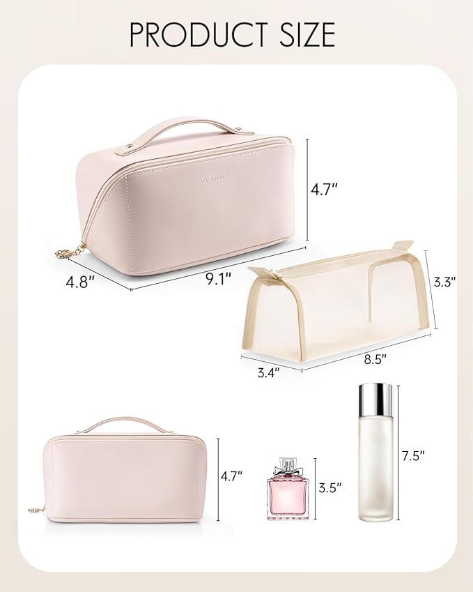 Vlando Makeup Travel Bag, PU Leather Portable Make up Organizer Bag Open Flat Toiletry Bag with Handle and Divider Gifts for Traveler Women Girls Apricot White