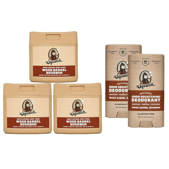 Dr. Squatch NEW Body Wash and Deodorant for Men Gift Set | No Paraben, Phthalate, Sulfate | Odor-Squatching, Aluminum-Free | Wood Barrel Bourbon Body Wash (8 oz, 3-Pack) & Deodorant (2.56 oz, 2-Pack)
