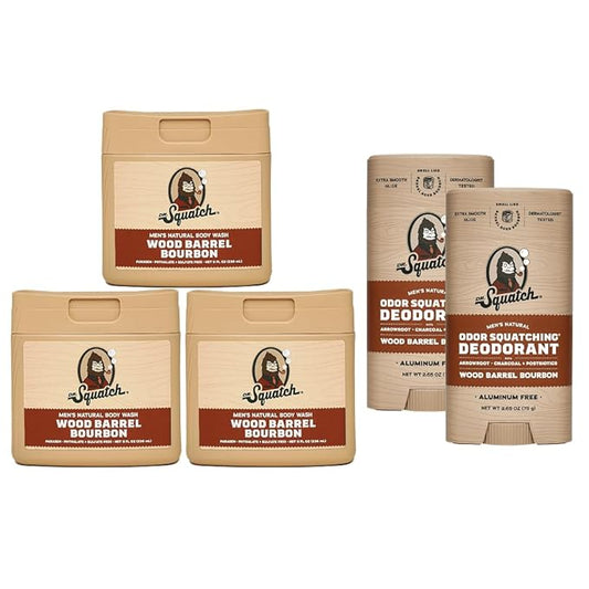 Dr. Squatch NEW Body Wash and Deodorant for Men Gift Set | No Paraben, Phthalate, Sulfate | Odor-Squatching, Aluminum-Free | Wood Barrel Bourbon Body Wash (8 oz, 3-Pack) & Deodorant (2.56 oz, 2-Pack)