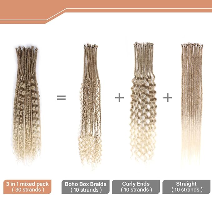 24 Inch 30 Strands SE Dreadlock Extensions Sets，3 In 1 Mixed Synthetic Dreads Extensions, Light Brown to Blonde Straight&Curly&Boho Handmade Dreads Hippie Style Dreadlocks for Woman