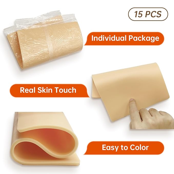3mm Double Sided Tattoo Practice Skin - 15 Pcs 5.9x7.9" Soft Silicone Thick Fake Skin for Beginners and Artists