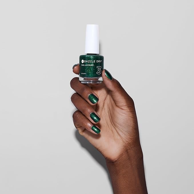 Dazzle Dry Nail Lacquer (Step 3) - Evergreen Lacquer - A pine green with blue glitter flecks. Full-coverage glitter. (0.5 fl oz)