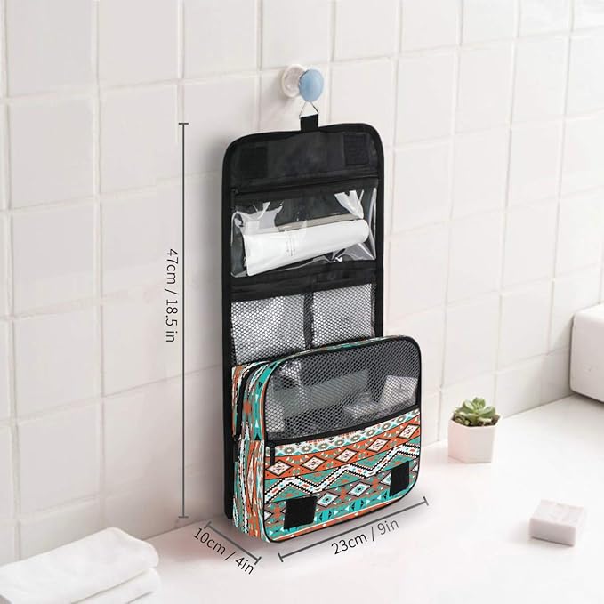 Hanging Toiletry Bag Ethnic Aztec Geometric Portable Travel Cosmetic Makeup Bag Bathroom Shower Shaving Kit Organizer Bag for Men Women