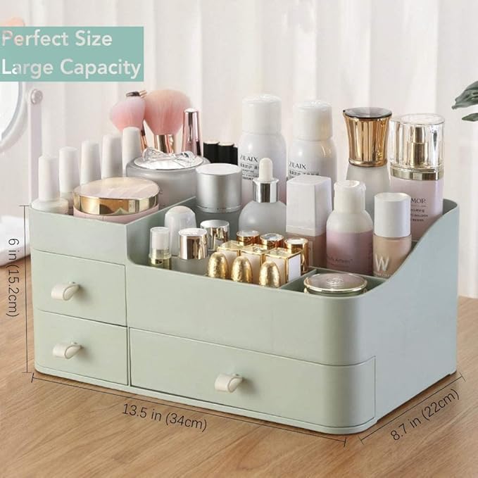 Makeup Organizer for Vanity, Large Countertop Organizer with Drawers, Cosmetics Storage for Skin Care, Brushes, Eyeshadow, Lotions, Lipstick,Nail Polish.Great for Dresser, Bathroom, Bedroom-Green