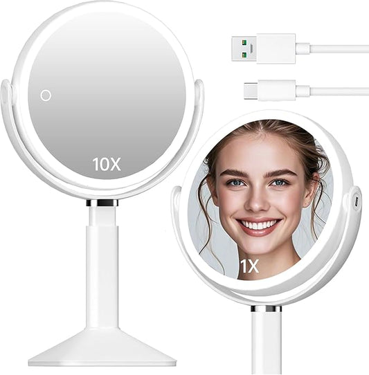 Makeup Mirror with Lights,Magnifying Mirror with Light and Touch Sensor, 1x/10x 360° Rotation Vanity Mirror with 3 Color Light,Rechargeable Double Sided Lighted Desktop Mirror,Women Gift-White