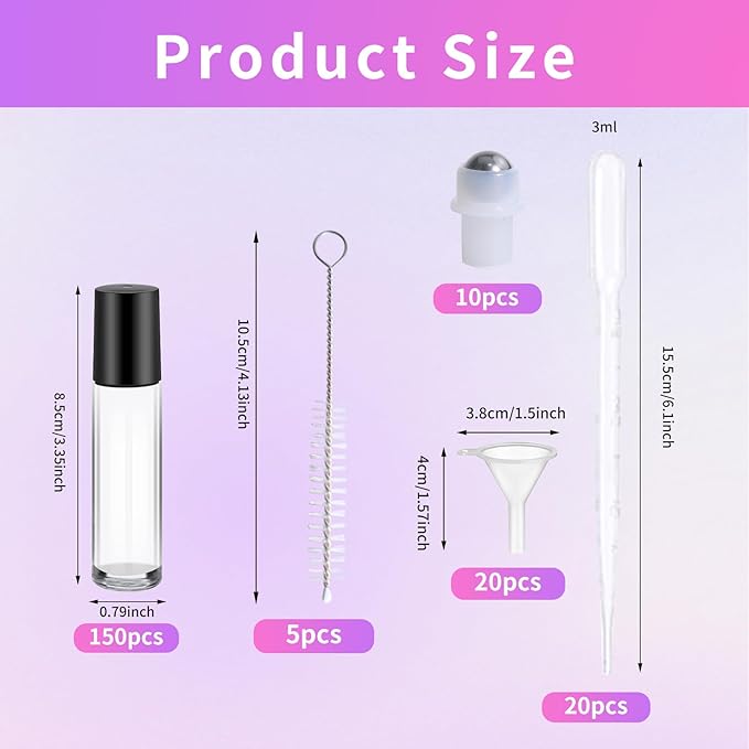 150 Pcs Essential Oil Roller Bottles 10 ml Leakproof Empty Glass Roll on Bottles with Stainless Steel Roller Balls with 20 Funnels 20 Droppers for Travel Perfume Essential Oil