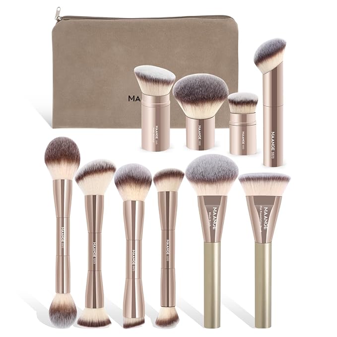 MAANGE Makeup Brush Set 10 Pcs Makeup Brushes with Zipper Bag, Double-End Multi-functional Makeup Brushes for Blending Liquid Powder Concealer Cream Blush Buffe, Champagne Gold