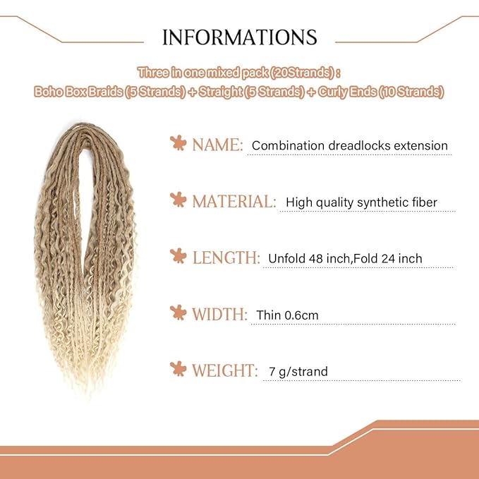 24 Inch Double Ended Dreadlock Extensions Sets, 20 Strands 3 In 1 Mixed Synthetic Dreads Extensions, Brown to Blonde Straight&Curly&Boho Handmade Dreads Hippie Dreadlocks for Woman