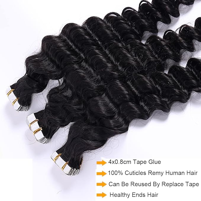 24Inch Curly Tape In Hair Extensions Long Wavy Human Hair Natural Seamless Skin Weft Invisible Hair Extensions Double Side Deep Wave Glue in Extension 50G 20PCS/Pack 40-60PCS Suggested for Full Head
