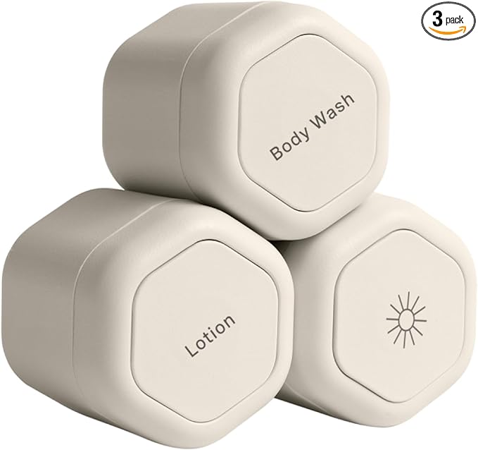 Cadence Travel Containers - Body Care Capsule Set - Magnetic Travel Capsules - For Wash, Lotions, Sunscreens - 3 Flex Mediums (1.32oz) with Body Wash, Lotion, & Sun Icon Labels - Sand