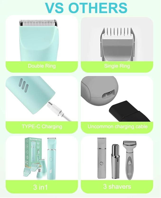 Bikini Trimmer for Women,3-in-1 Painless Electric Razors & Shaver Nose,IPX7 Waterproof,Body Hair Trimmer for Underarm/Pubic/Nose/Legs,USB-C Rechargeable Women's Grooming Kit(Green)