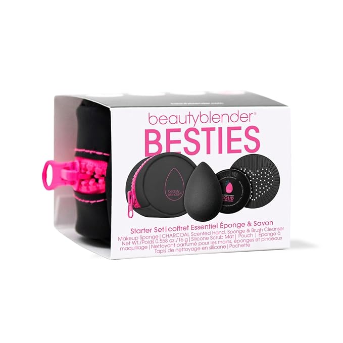 Beautyblender® | Besties Charcoal Blend & Cleanse 4-Piece Starter Set, Pro Black Makeup Sponge + Solid Charcoal Cleanser .558 oz + Silicone Scrub Mat + Travel Case, Made in USA, Vegan, Cruelty Free