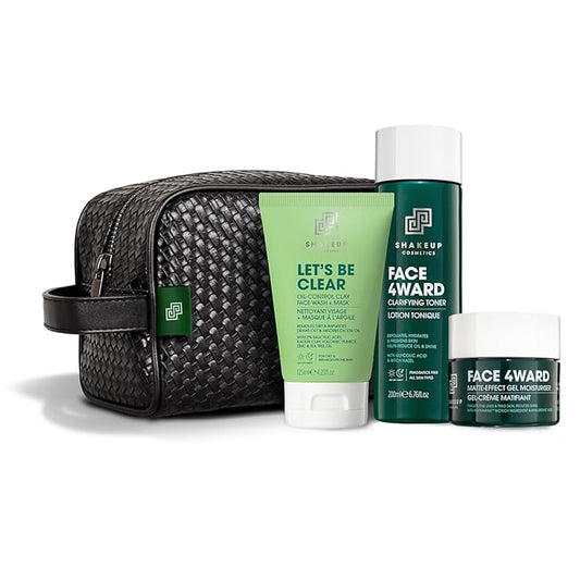 Mens Oil Control 4-Piece Skincare Set, for Oily & Acne Skin, including a Face Scrub, Skin-Clearing Toner, Light Moisturiser, plus a Wash Bag. Aka. SHAKEUP OIL CONTROL POWER PACK