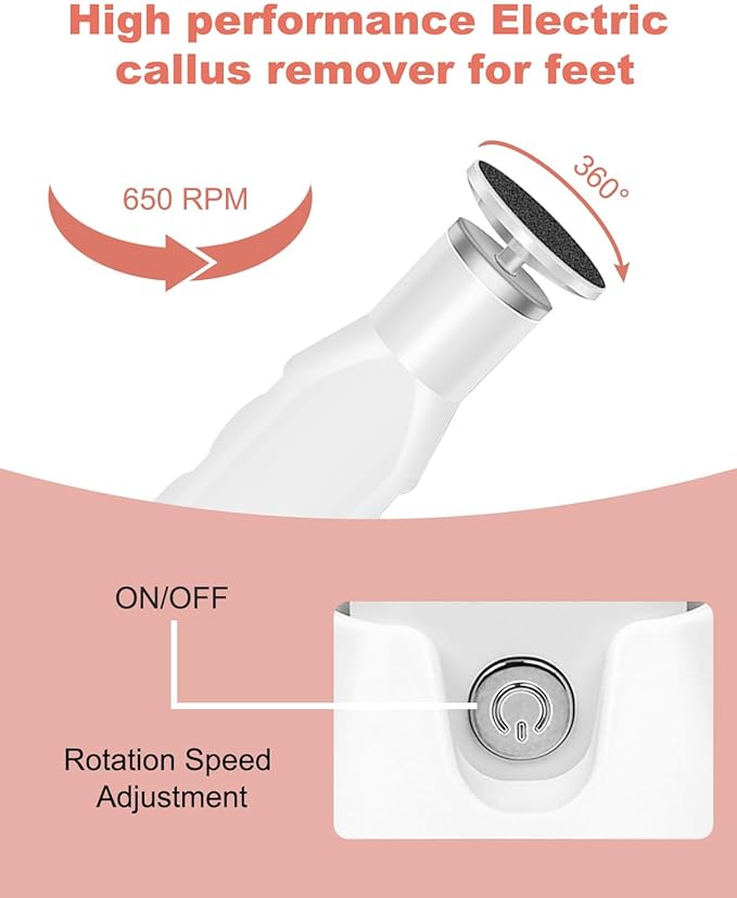 Electric Foot Callus Remover, Dioche 650 RPM Electric Foot File, Adjustable Speed, USB Charging, Removable and Washable, with 60pcs Replacement Sandpaper Disk, for Dead Cracked Hard Skin Calluses