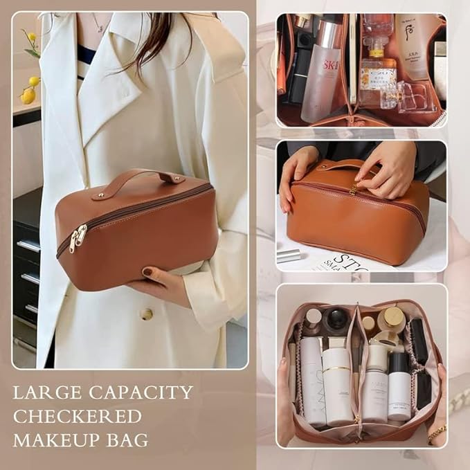 Large Capacity Waterproof Travel Cosmetic Bag - PU Leather - Brown Light