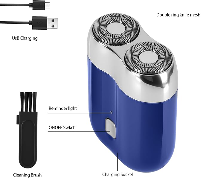 Mini Electric Shaver for Men, Upgrade Pocket Dual Head Shaver, Portable Razor for Men, Rechargeable Waterproof Compact Travel Electric Razor, USB Close Battery shavers (Blue)
