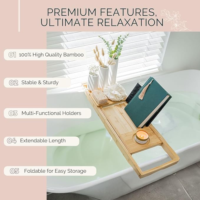 Foldable Bathtub Tray and Bath Pillows for Tub Set - Our Bath Tray Caddy and Bath Tub Pillows for Head and Neck are The Ideal Bath Accesssories for Relaxing Spa - Perfect Relaxation Gifts for Women