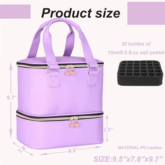 Nail polish Case, Nail Polish Organizer Bag and Nail Dryer Case Holds 30+ Bottles (15ml/0.5 fl.oz) and a Nail Lamp, Travel 2 Layer Nail Polish Storage with Sturdy Handles(Purple)