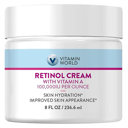 Vitamin World Retinol Cream 100,000 IU 8 oz., Gentle Retinol Night Cream for Face with Retinyl Palmitate & Dual Vitamin E & Coconut Oil, Face Moisturizer, Anti-Aging Wrinkle Cream