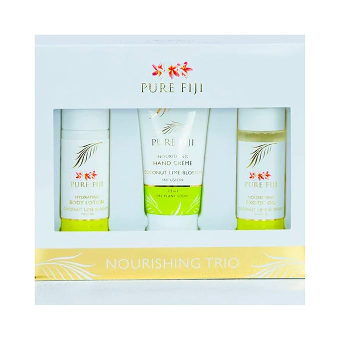Pure Fiji Nourishing Trio, Ideal Spa Bath Gift Set for Women - Travel Kit - Includes Exotic Body Oil, Hydrating Body Lotion For Women and Nourishing Hand Cream, Coconut Lime Blossom Scent
