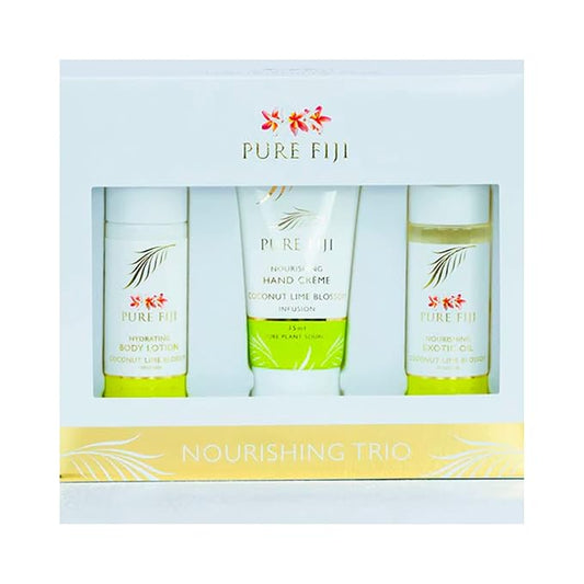 Pure Fiji Nourishing Trio, Ideal Spa Bath Gift Set for Women - Travel Kit - Includes Exotic Body Oil, Hydrating Body Lotion For Women and Nourishing Hand Cream, Coconut Lime Blossom Scent