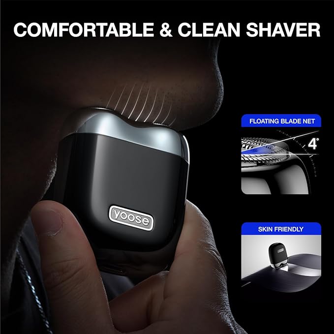 yoose Mini Electric Shaver, Alloy Portable Travel Shavers, Cordless Shaving, USB-C Rechargeable Electric Razor for Men, Dry Shave, IPX7 Waterproof, Detachable Head, Easy Cleaning, Black