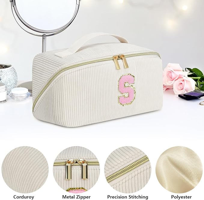 Gifts for Girls, Initial Travel Makeup Bag Women's Day Gift Make up Bag Cosmetic Bags Monther's Day Gifts, Personalized Stuff Bag Cute Makeup Bag Birthday Gifts for Women/Friend/Mother - M