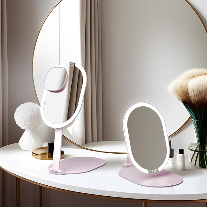 Fancii LED Rechargeable Portable Makeup Mirror with 3 Color Light Settings & 10x Magnetic Magnifying Mirror – Ultra Slim, Foldable Travel Vanity Mirror, 1500 mAh Battery, Height (Pink)