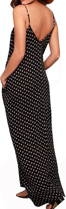 LILBETTER Women V-Neck Polka Dot Print Spaghetti Strap Boho Long Maxi Dresses