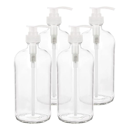kitchentoolz 4 Pack of 32 Ounce Large Pump Bottles, Glass Refillable Containers for Lotions, Soaps, Oils, Sauces, Homemade Laundry Detergent - Food Grade