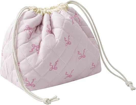 Cotton Quilted Drawstring Makeup Bag with Canvas Lining,Coquette Aesthetic Cute Travel Toiletry Bag,Drawstring Gift Bag for Women and Girls（13Small Pink Bow）