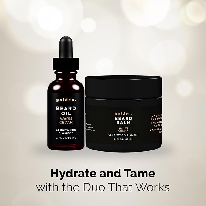 Golden Grooming Beard Oil & Balm Bundle for Men | Natural Growth Kit with Shea Butter | 4oz Balm & 2oz Oil | Warm Cedar